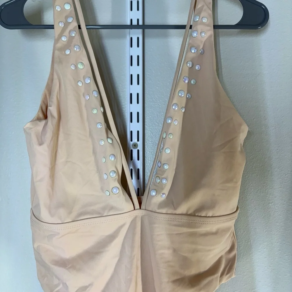 Reef kaleidoscope nude plunge front strappy swimsuit with pearl accents